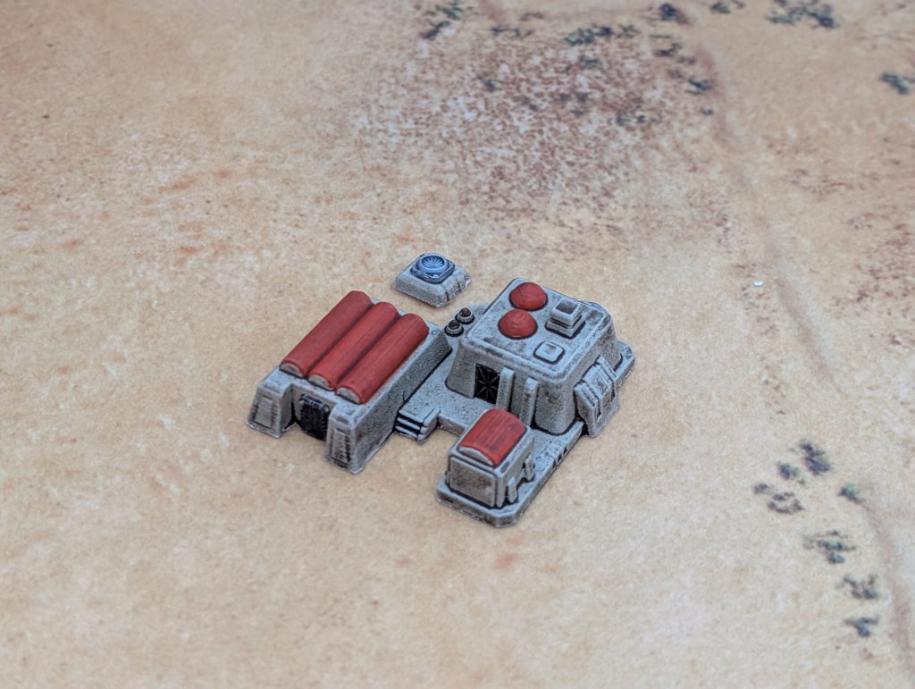 6mm sci-fi desert builkding with orange vaulted roof.